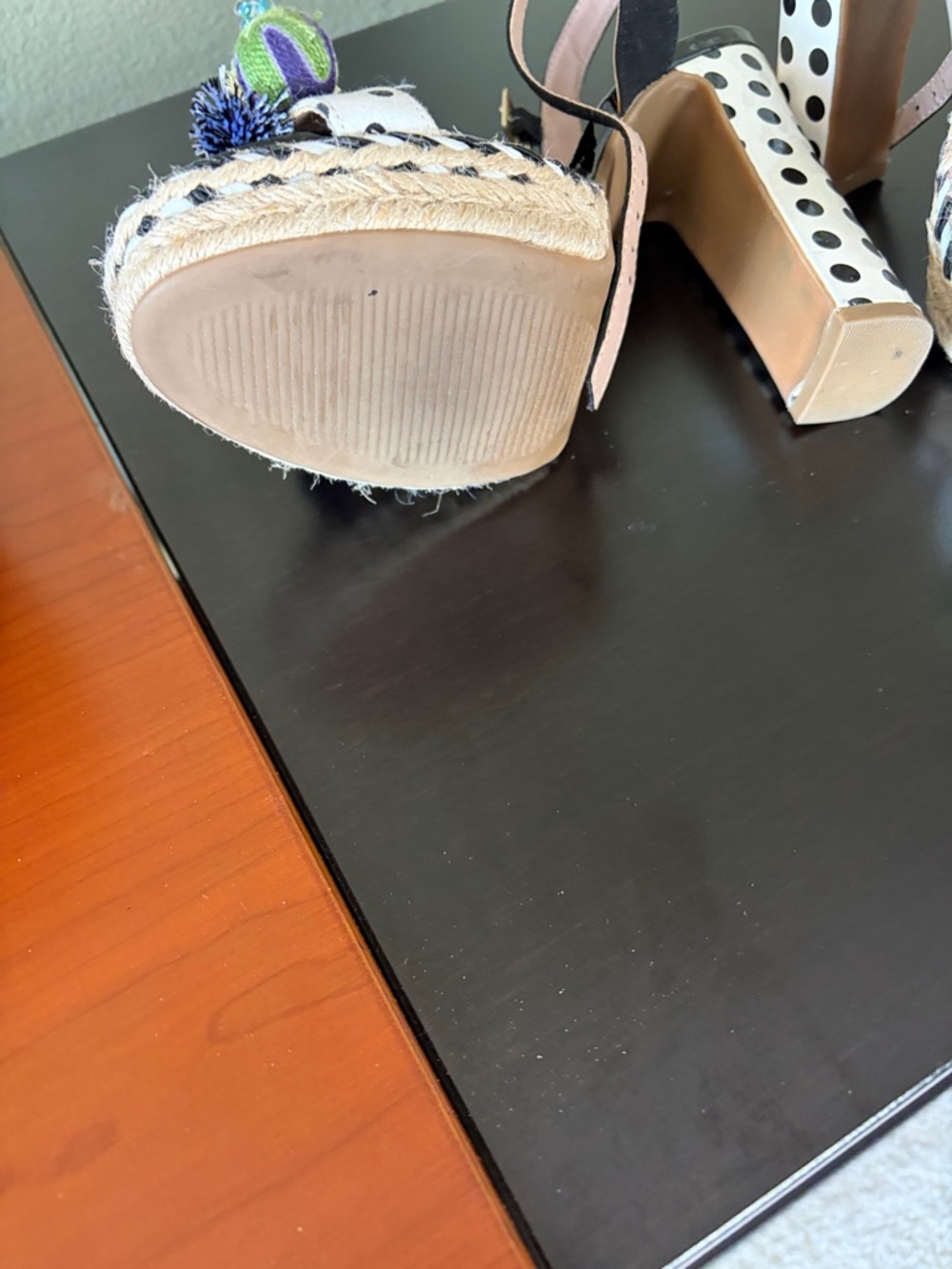 Betsey Johnson Black Polka Dot Pom Pom Platform Heels - Picture 5 of 6